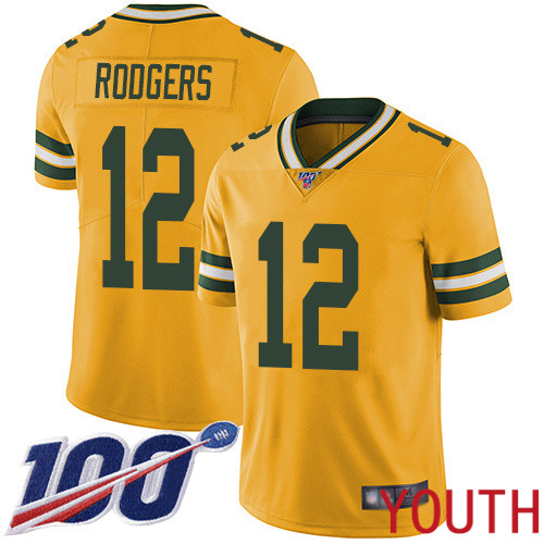 Green Bay Packers Limited Gold Youth #12 Rodgers Aaron Jersey Nike NFL 100th Season Rush Vapor Untouchable